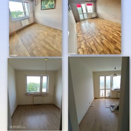 SHEVA-BUD - Cztery kadry: pokój przed i po odświeżeniu. Widoczne zmiany w kolorystyce ścian, podłogi i oświetleniu. Ujęcie z różnych perspektyw, ukazujące detale wykończenia.