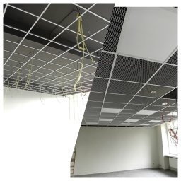 SHEVA-BUD - Sufit podwieszany rastrowy: fragment przed montażem kasetonów i po montażu. Widoczne przewody i elementy konstrukcji. Jasne ściany i okno w tle.