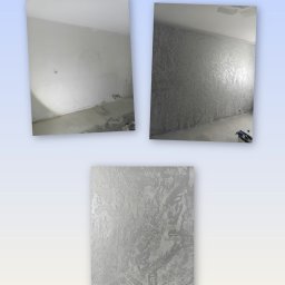 SHEVA-BUD - Ściana przed i po nałożeniu dekoracyjnej, srebrzystej struktury. Widoczny efekt końcowy z bliska, prezentujący unikalną fakturę i wzór.