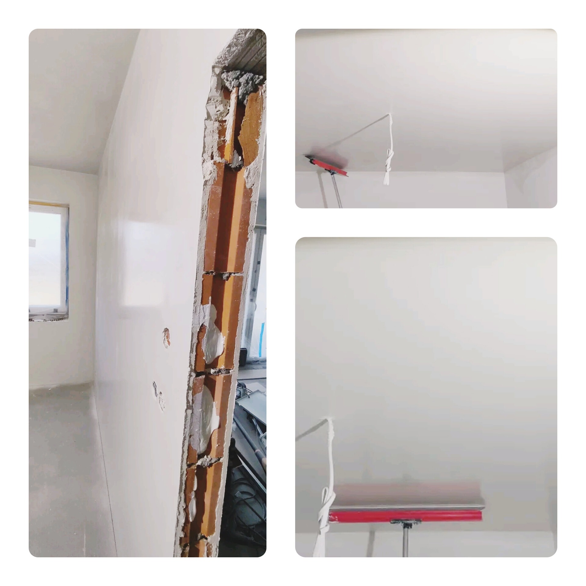 Gładkie, białe ściany po szpachlowaniu, widoczne narzędzie do rozprowadzania gładzi na suficie, surowy mur przy ościeżnicy. Wnętrze w trakcie prac wykończeniowych.