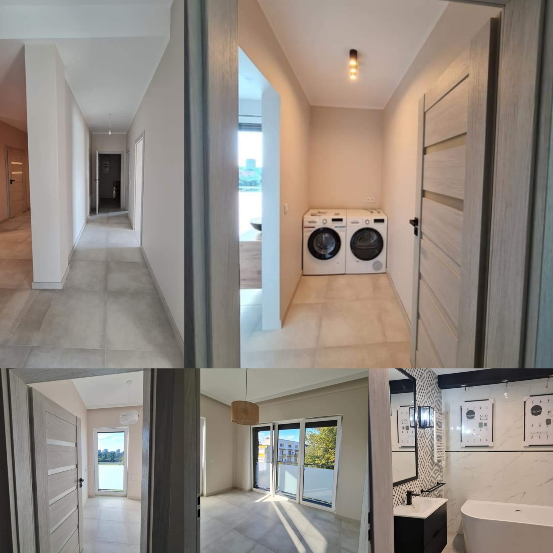 Jasne, nowoczesne wnętrze po remoncie: korytarz z szarą podłogą, pralnia z pralkami, pokój z balkonem i łazienka z wanną. Minimalistyczny design, neutralna kolorystyka.