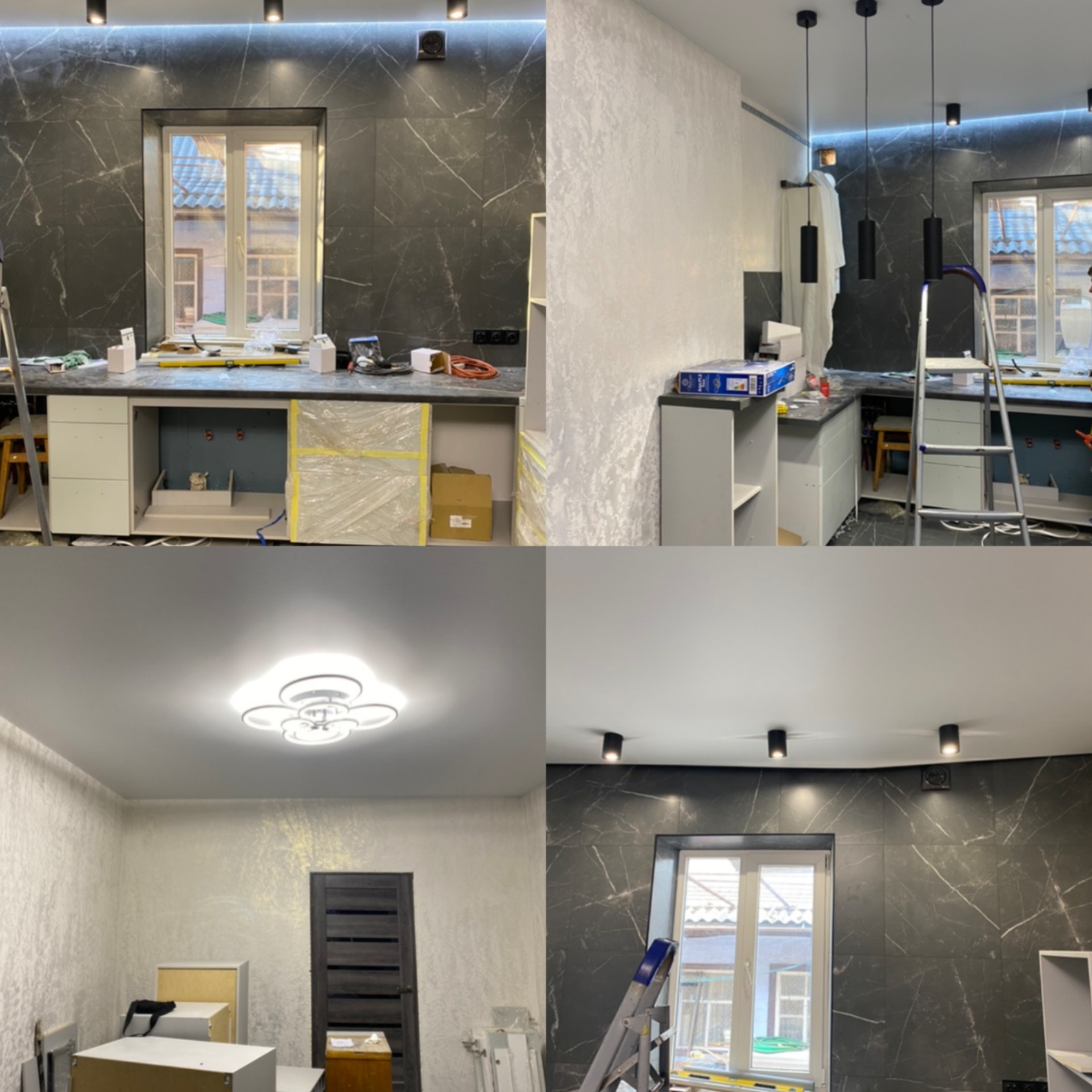 Cztery kadry z remontu kuchni: montaż szafek, wykończenie ścian z efektem dekoracyjnym, sufit z oświetleniem punktowym i okno w czarnej marmurowej oprawie.
