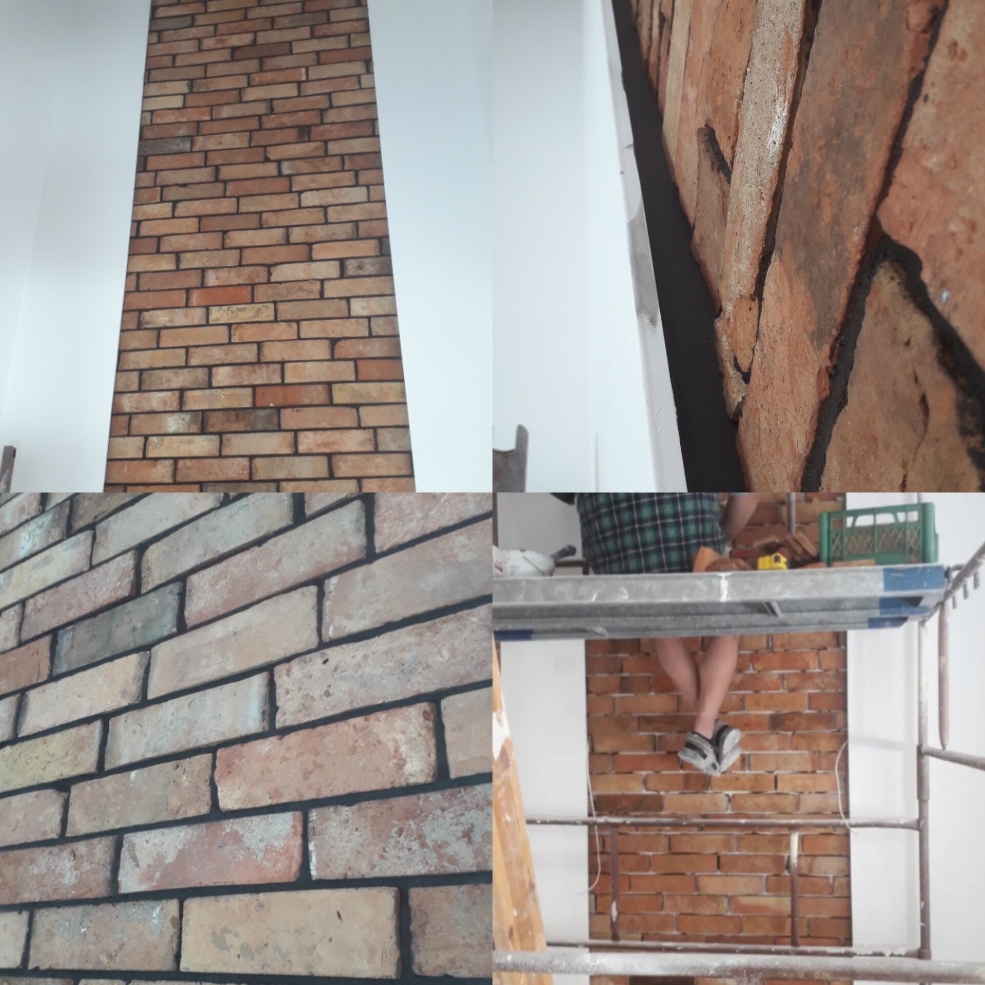 Montaż dekoracyjnej ściany z cegły na białej ścianie. Widoczny fragment rusztowania i osoba pracująca nad układaniem cegieł. Detal wykończenia wnętrza.