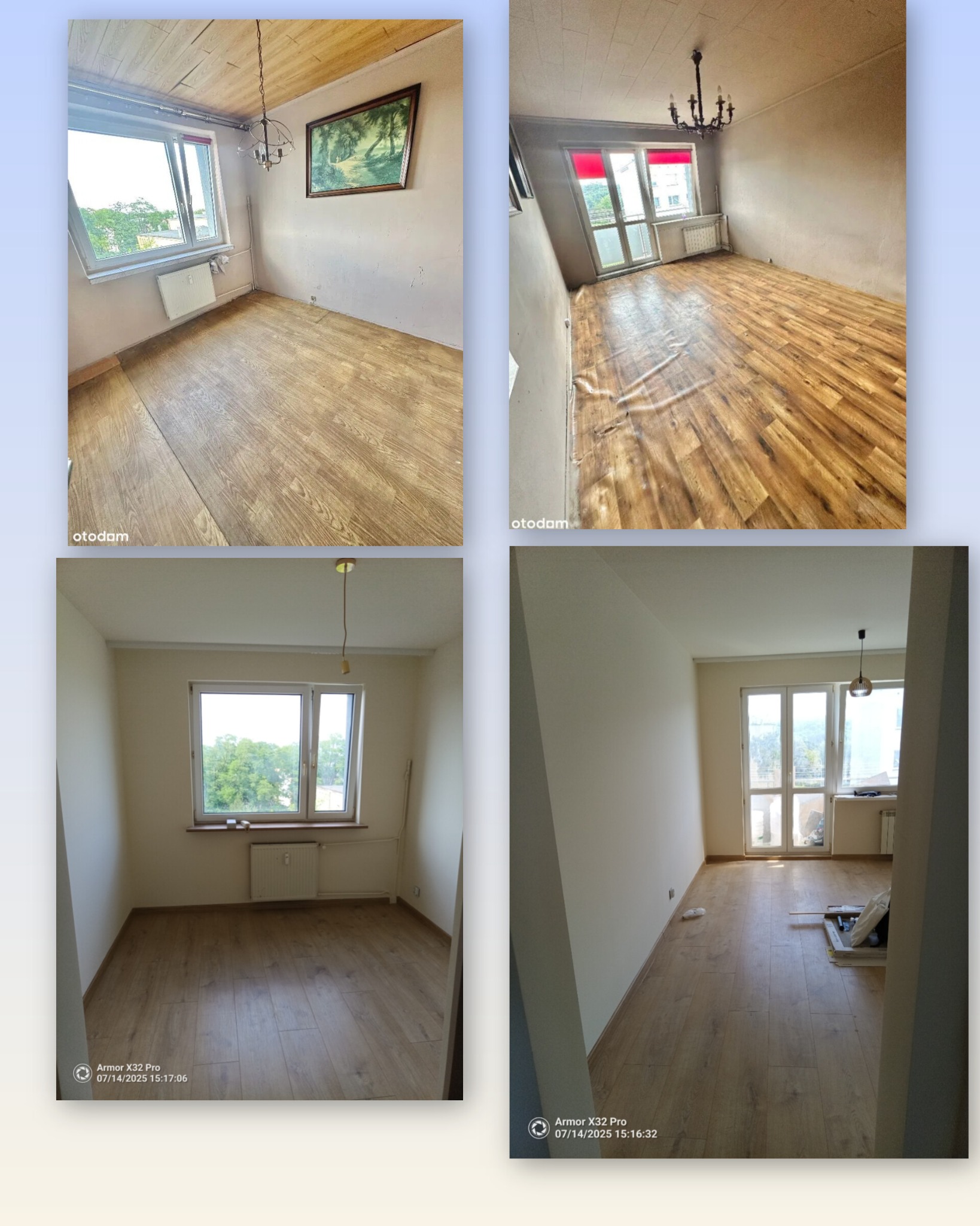 Cztery kadry: pokój przed i po odświeżeniu. Widoczne zmiany w kolorystyce ścian, podłogi i oświetleniu. Ujęcie z różnych perspektyw, ukazujące detale wykończenia.