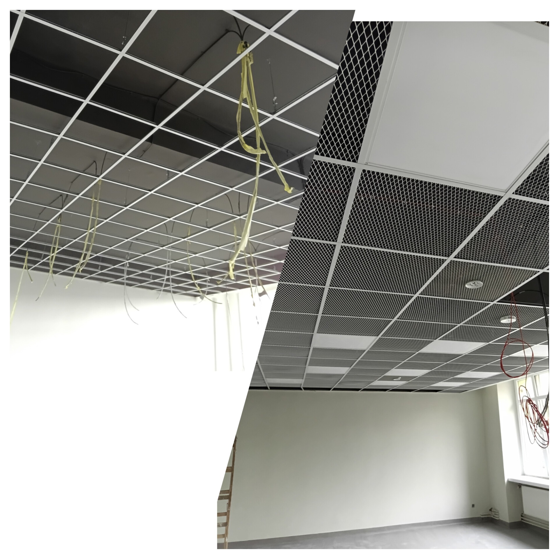 Sufit podwieszany rastrowy: fragment przed montażem kasetonów i po montażu. Widoczne przewody i elementy konstrukcji. Jasne ściany i okno w tle.