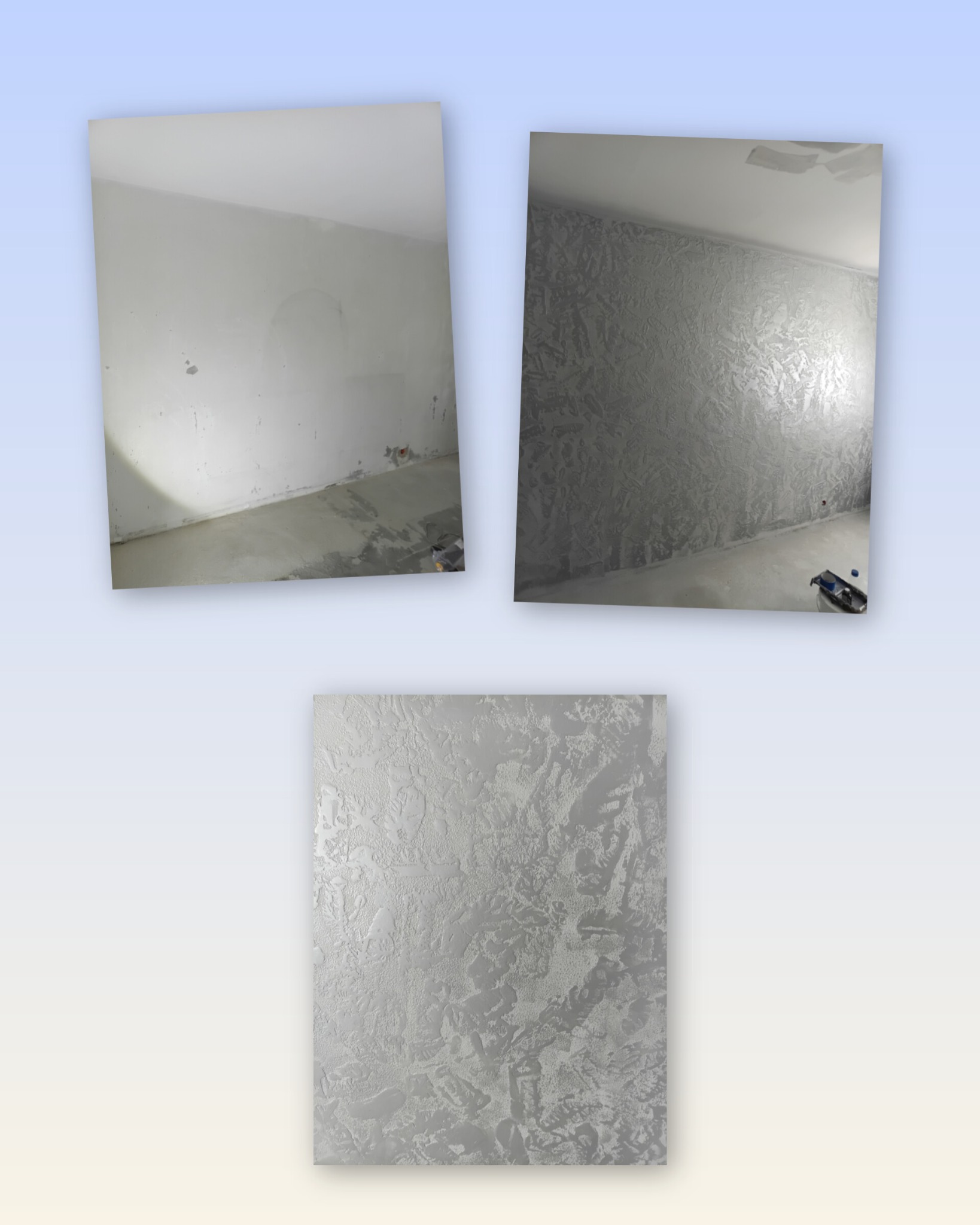 Ściana przed i po nałożeniu dekoracyjnej, srebrzystej struktury. Widoczny efekt końcowy z bliska, prezentujący unikalną fakturę i wzór.