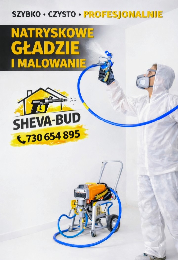 Pracownik w kombinezonie ochronnym, z maską i pistoletem natryskowym, wykonuje natryskowe gładzie i malowanie. Widoczny agregat malarski i logo firmy.