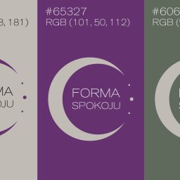 Karol Maryniak - Trzy warianty kolorystyczne logo 'Forma Spokoju' na pionowych pasach: szaro-fioletowy, fioletowy i oliwkowy. Każdy wariant z nazwą koloru RGB.