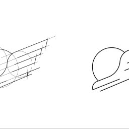 Karol Maryniak - Czarno-biały szkic logo przedstawiający kulę z skrzydłami w dwóch wersjach: w trakcie tworzenia z pomocniczymi liniami i okręgami oraz gotowy, uproszczony projekt.