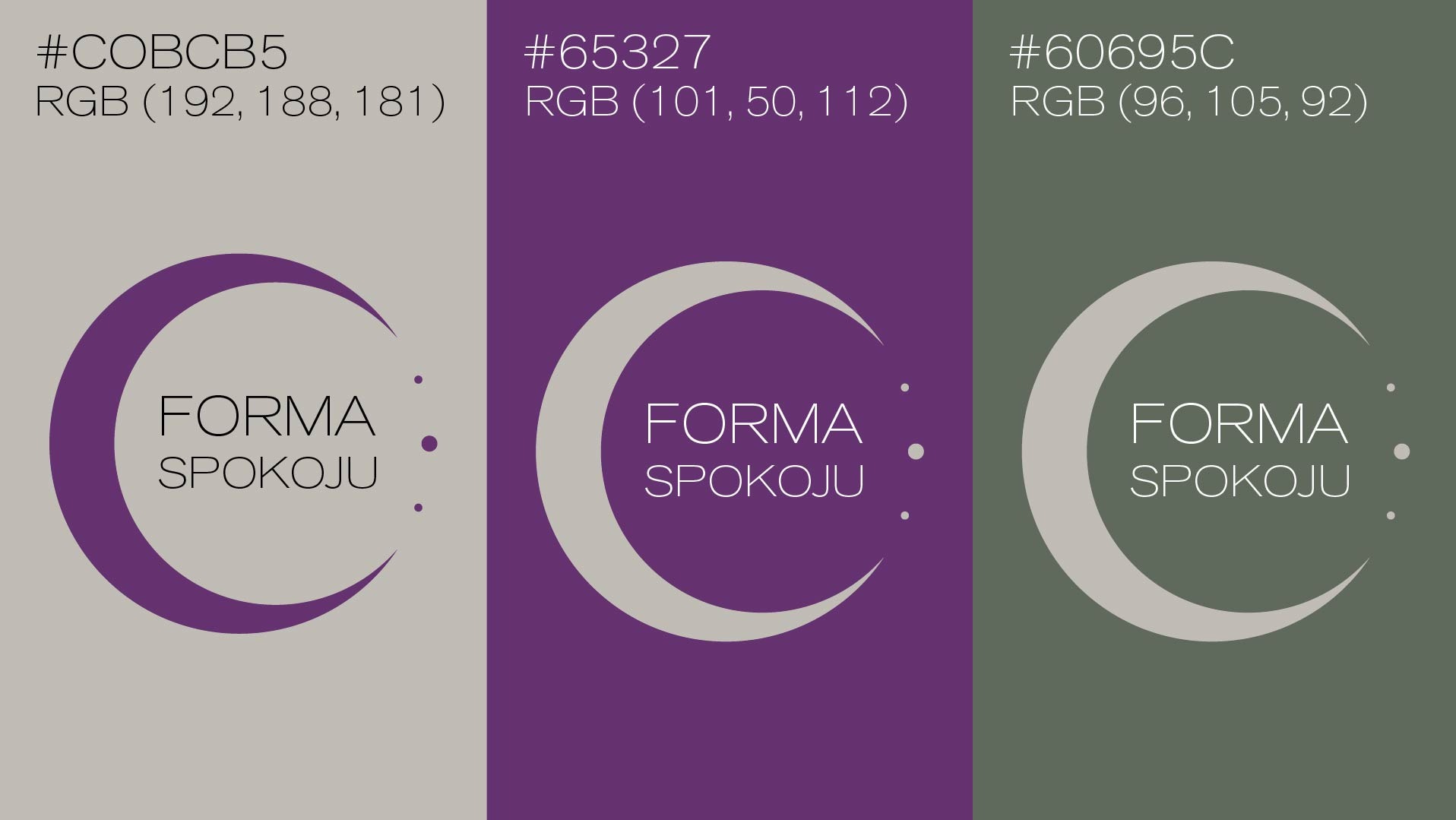 Trzy warianty kolorystyczne logo 'Forma Spokoju' na pionowych pasach: szaro-fioletowy, fioletowy i oliwkowy. Każdy wariant z nazwą koloru RGB.