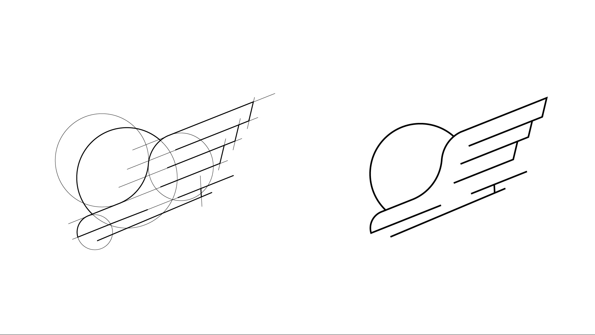 Czarno-biały szkic logo przedstawiający kulę z skrzydłami w dwóch wersjach: w trakcie tworzenia z pomocniczymi liniami i okręgami oraz gotowy, uproszczony projekt.