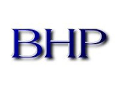 Logo firmy z napisem 'BHP' w kolorze niebieskim, na białym tle, z delikatnym cieniem.