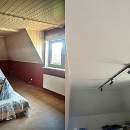 Kompleksowe Wnętrza Remonty i Wykończenia - Pokój na poddaszu w trakcie remontu: część z meblami zabezpieczonymi folią, ściany w kolorze burgundowym, część po remoncie, pomalowana na szaro, z zamontowanym oświetleniem.