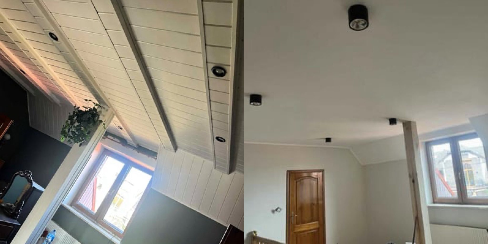 Dwa ujęcia: drewniana boazeria z oknem i rośliną, oraz biały sufit z czarnymi lampami punktowymi, drewniane drzwi i okno. Widok po remoncie.