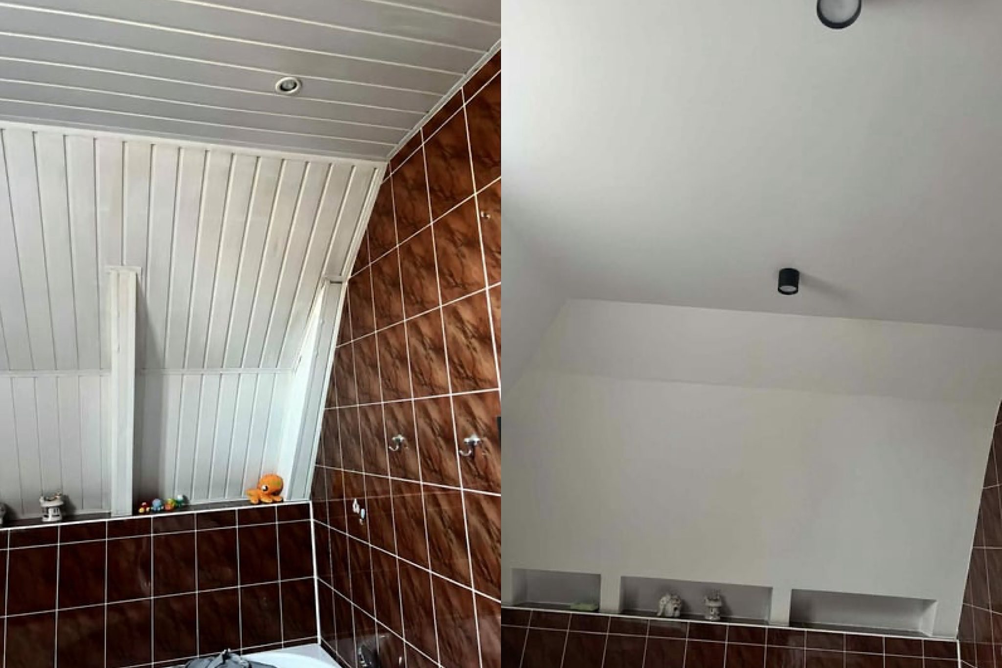 Zdjęcie łazienki na poddaszu: brązowe płytki, biała boazeria na suficie i białe ściany. Widoczny efekt przed i po remoncie, z detalami jak oświetlenie i półki.