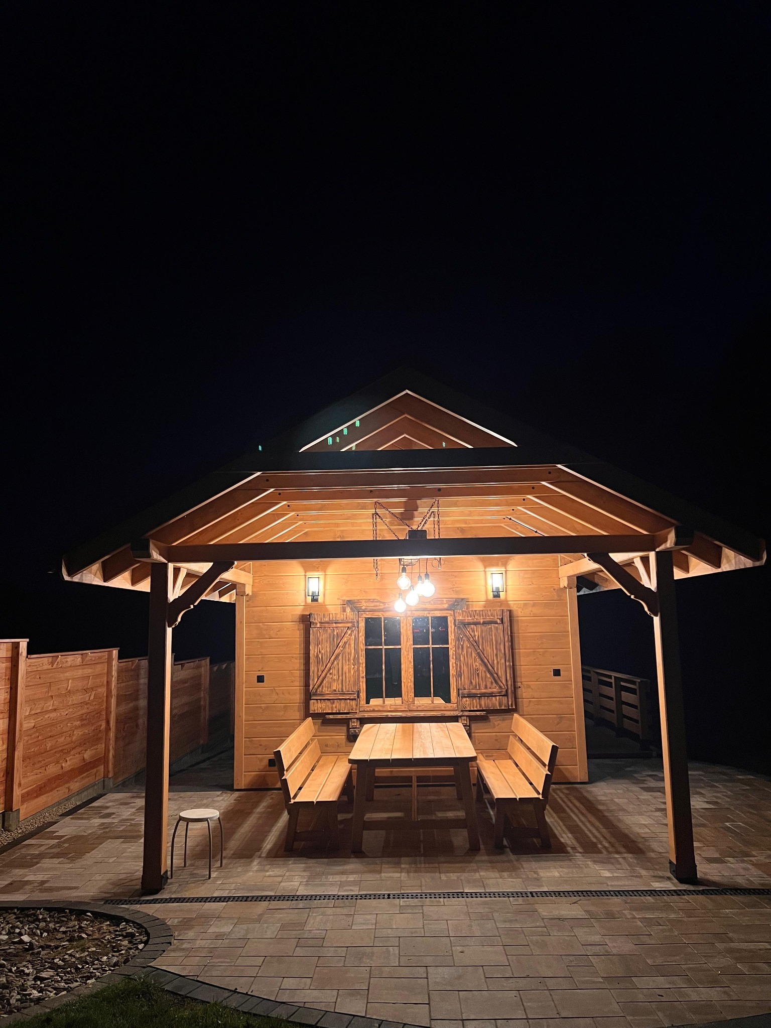 Oświetlona, drewniana altana z zamykanymi okiennicami, stołem i ławkami na brukowanym tarasie, otoczona drewnianym ogrodzeniem, widziana nocą.