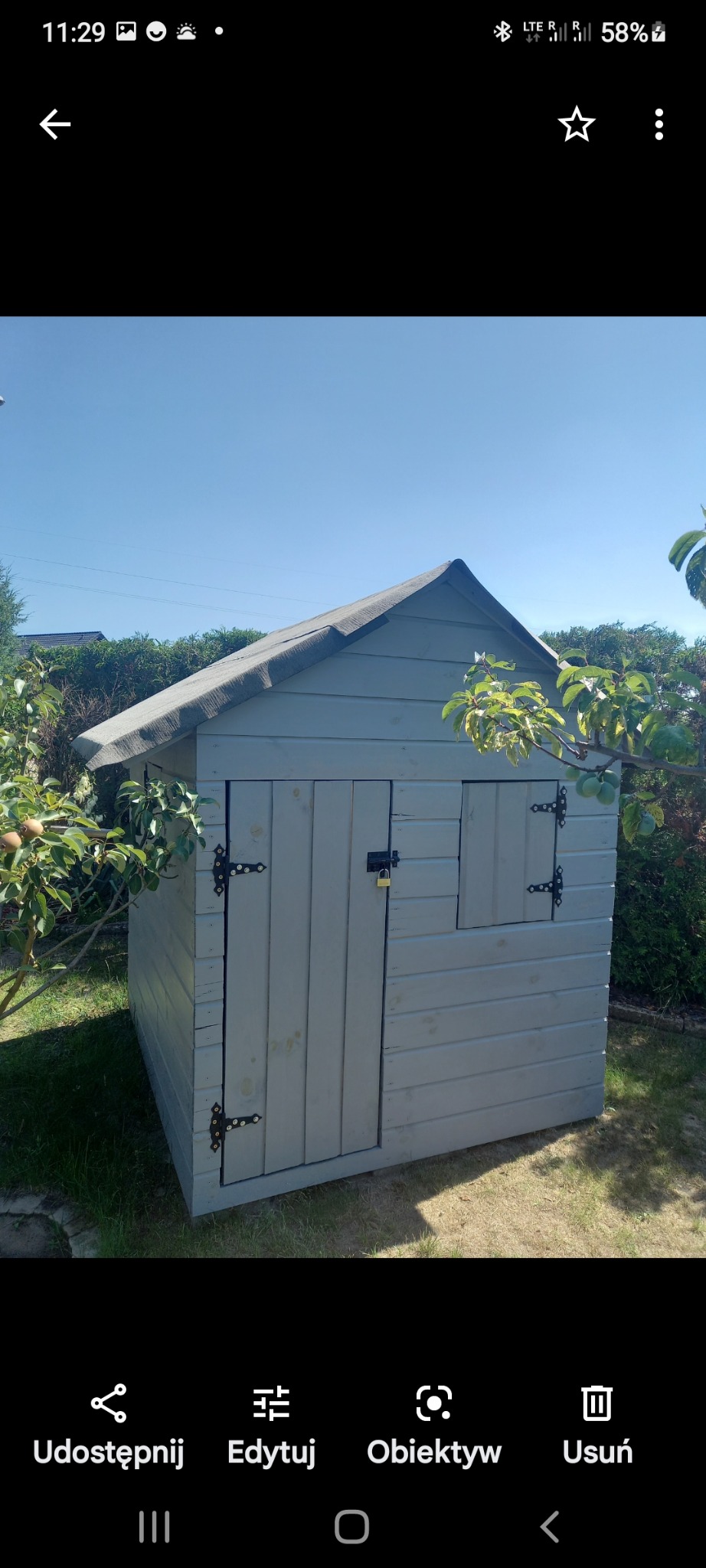 Drewniana szopa ogrodowa w odcieniach szarości, zamykana na kłódkę, otoczona zielenią i drzewami owocowymi w słoneczny dzień. Widoczne ozdobne zawiasy.