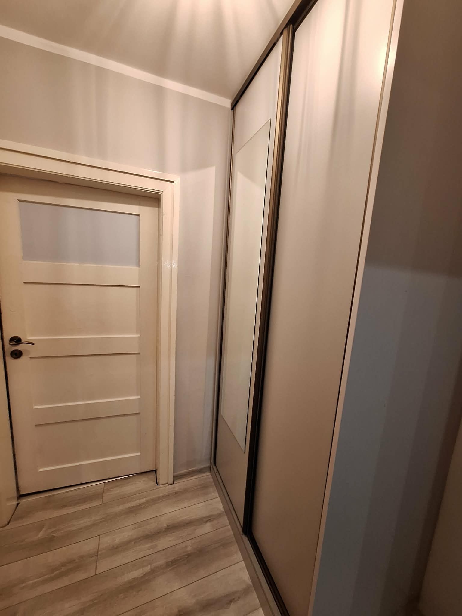 Beżowa szafa przesuwna z lustrem w przedpokoju, obok drewniane drzwi z szybą i panele podłogowe imitujące drewno. Ujęcie z dołu, widoczny fragment sufitu.