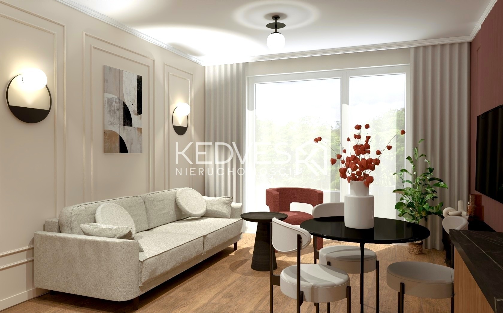 Elegancki salon z sofą w odcieniach szarości, okrągłym stołem i dekoracyjnymi lampami ściennymi. W tle widoczne okno z widokiem na zieleń.