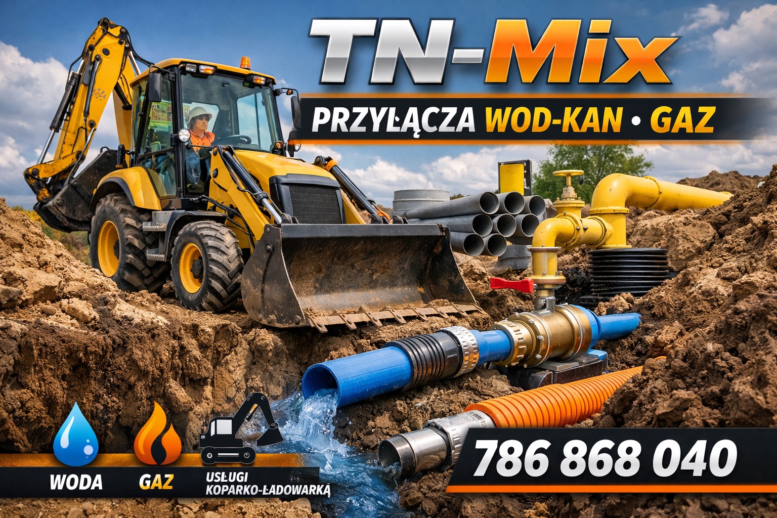 Żółta koparko-ładowarka w wykopie, rury wod-kan i gaz, woda wypływająca z rury. Reklama usług TN-Mix z numerem telefonu. Błękitne niebo w tle.