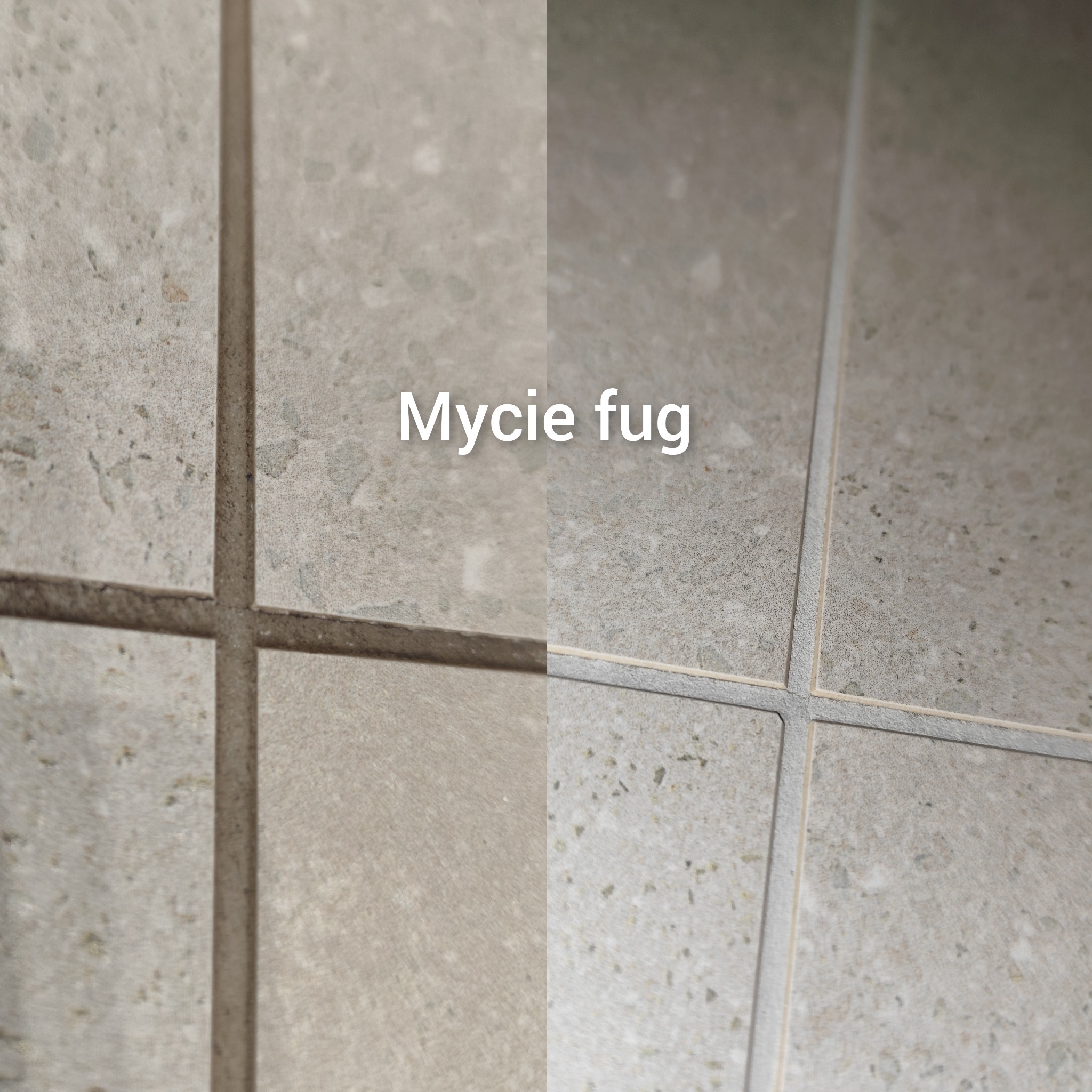 Zdjęcie typu 'przed i po' prezentujące czyszczenie fug między płytkami. Po lewej stronie widoczne zabrudzone fugi, po prawej - czyste, jasne fugi po zabiegu.