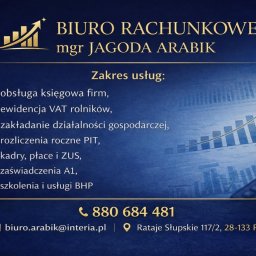 Biuro Rachunkowe mgr Jagoda Arabik: obsługa księgowa firm, VAT rolników, zakładanie działalności, rozliczenia PIT, kadry, płace i ZUS, zaświadczenia A1, szkolenia BHP.