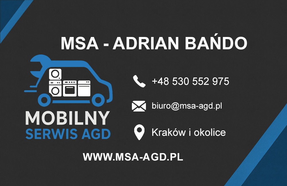Mobilny Serwis AGD: Logo firmy MSA - Adrian Bańdo z ikoną auta-narzędzia, pralki, piekarnika i zmywarki. Kontakt: +48 530 552 975, biuro@msa-agd.pl, Kraków i okolice.