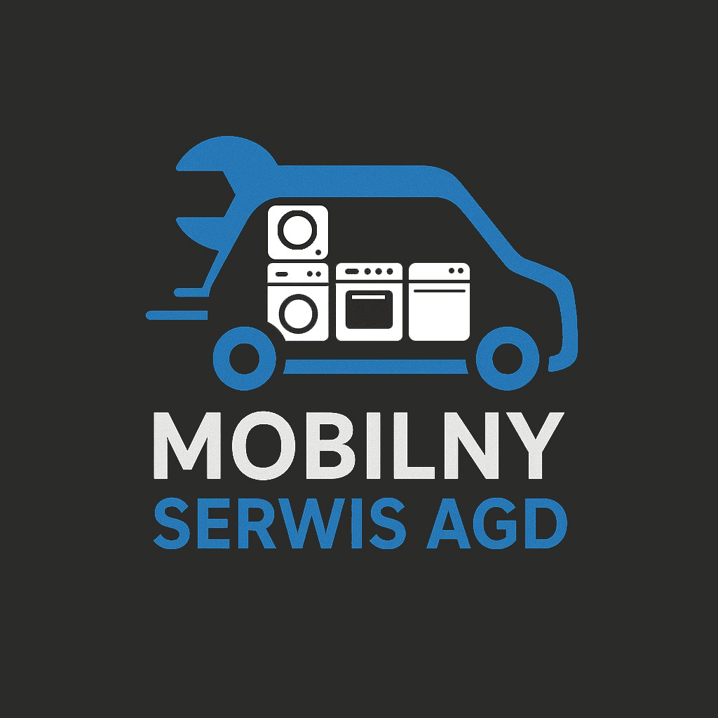 Grafika: Mobilny Serwis AGD w kształcie auta z pralką, suszarką i piekarnikiem, z kluczem francuskim zamiast dachu, na ciemnym tle.