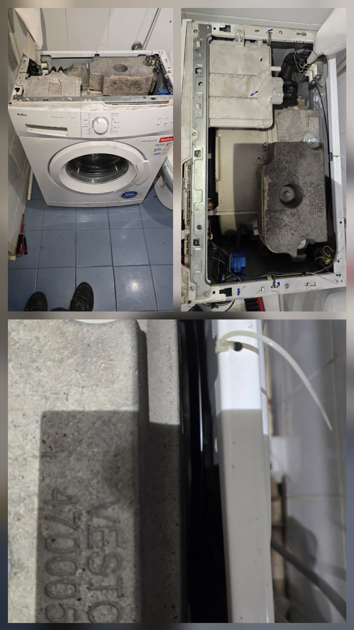 Rozłożona pralka Amica w łazience z widocznymi elementami wewnętrznymi, sugerująca naprawę lub serwis. Widoczne narzędzia i elementy instalacji.