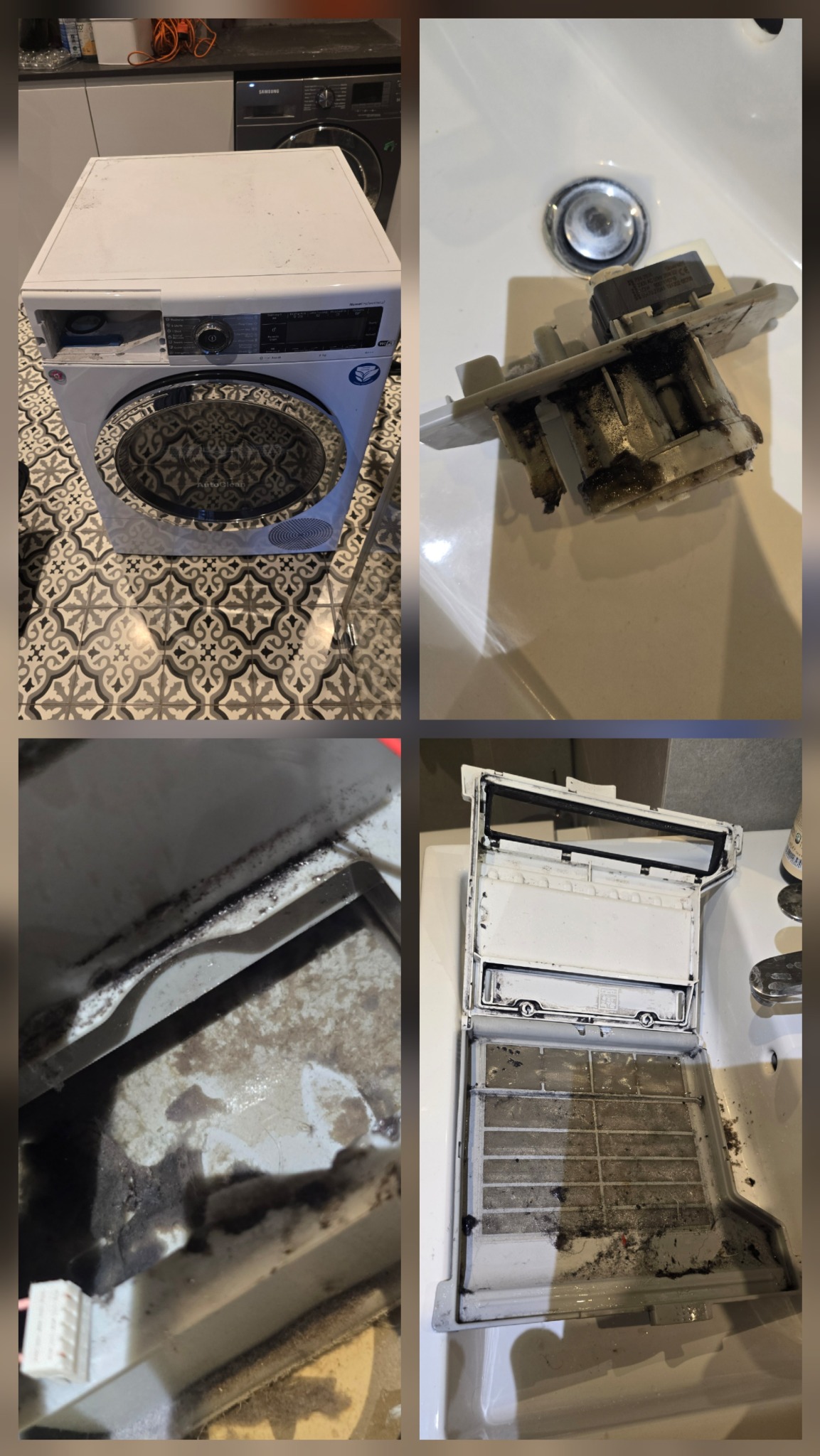 Czteropanelowe zbliżenie na brudną pralkę i jej elementy: filtr, zamek, wnętrze. Widoczne osady i zabrudzenia, sugerujące potrzebę czyszczenia lub naprawy.