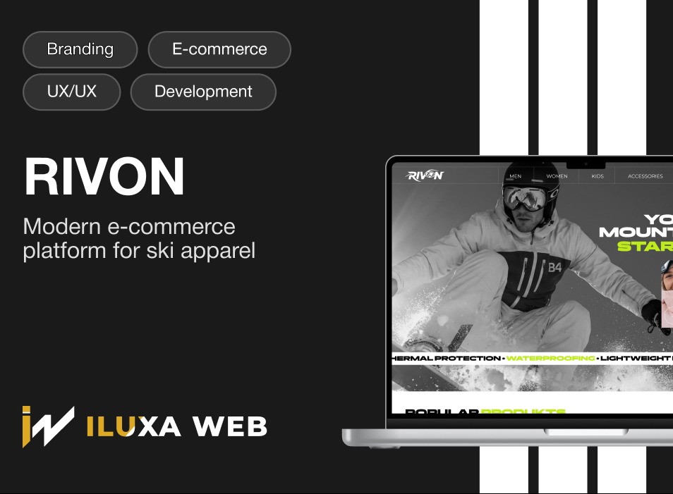 Laptop prezentuje stronę e-commerce RIVON z odzieżą narciarską. Branding, UX/UI, development i e-commerce podkreślone. Logo Iluxa Web w lewym dolnym rogu.