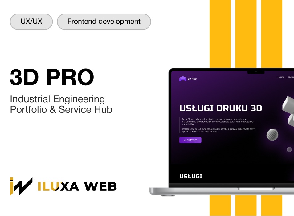 Laptop z ekranem prezentującym stronę o usługach druku 3D, logo firmy Iluxa Web w lewym dolnym rogu, UX/UI i Frontend development w tle.