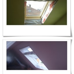 D24 SPÓŁKA Z OGRANICZONĄ ODPOWIEDZIALNOŚCIĄ - Montaż okna dachowego, zabezpieczonego folią ochronną, widok na dach budynku przez otwarte okno. Ujęcie z wnętrza pomieszczenia.