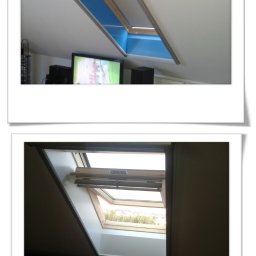 D24 SPÓŁKA Z OGRANICZONĄ ODPOWIEDZIALNOŚCIĄ - Dwa ujęcia okien dachowych: jedno z roletą w kolorze niebieskim, drugie z widokiem na zewnątrz. Okna o drewnianej ramie, wpuszczające naturalne światło.