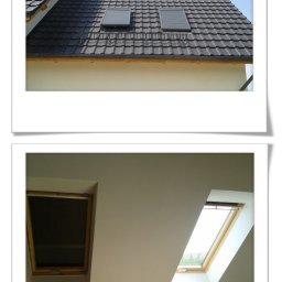 D24 SPÓŁKA Z OGRANICZONĄ ODPOWIEDZIALNOŚCIĄ - Dwa ujęcia okien dachowych: z zewnątrz, z roletami zewnętrznymi na ciemnym dachu, i od wewnątrz, z widokiem na jasne niebo przez jedno z okien.