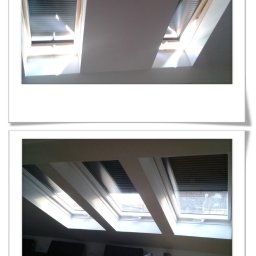 D24 SPÓŁKA Z OGRANICZONĄ ODPOWIEDZIALNOŚCIĄ - Dwa ujęcia poddasza: górne z oknami dachowymi z żaluzjami, dolne z oknami i widocznym fragmentem salonu z szarą sofą. Jasne wnętrze, nowoczesny design.