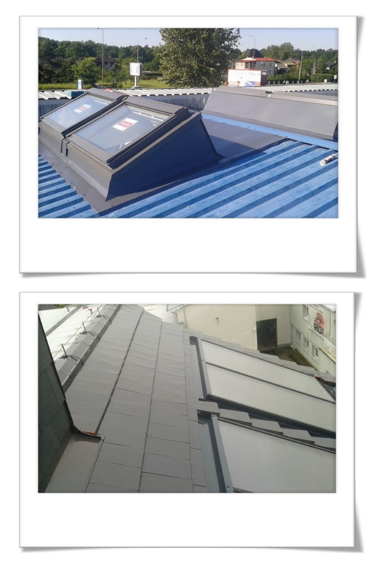 Dwa ujęcia dachu: górne z oknami dachowymi na niebieskim blaszanym dachu, dolne z szarymi dachówkami i oknami dachowymi z roletami zewnętrznymi.