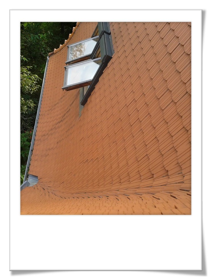 Dwa uchylone okna dachowe w pomarańczowej, ceramicznej dachówce, widziane z dołu pod kątem. Widoczne fragmenty zieleni w tle.