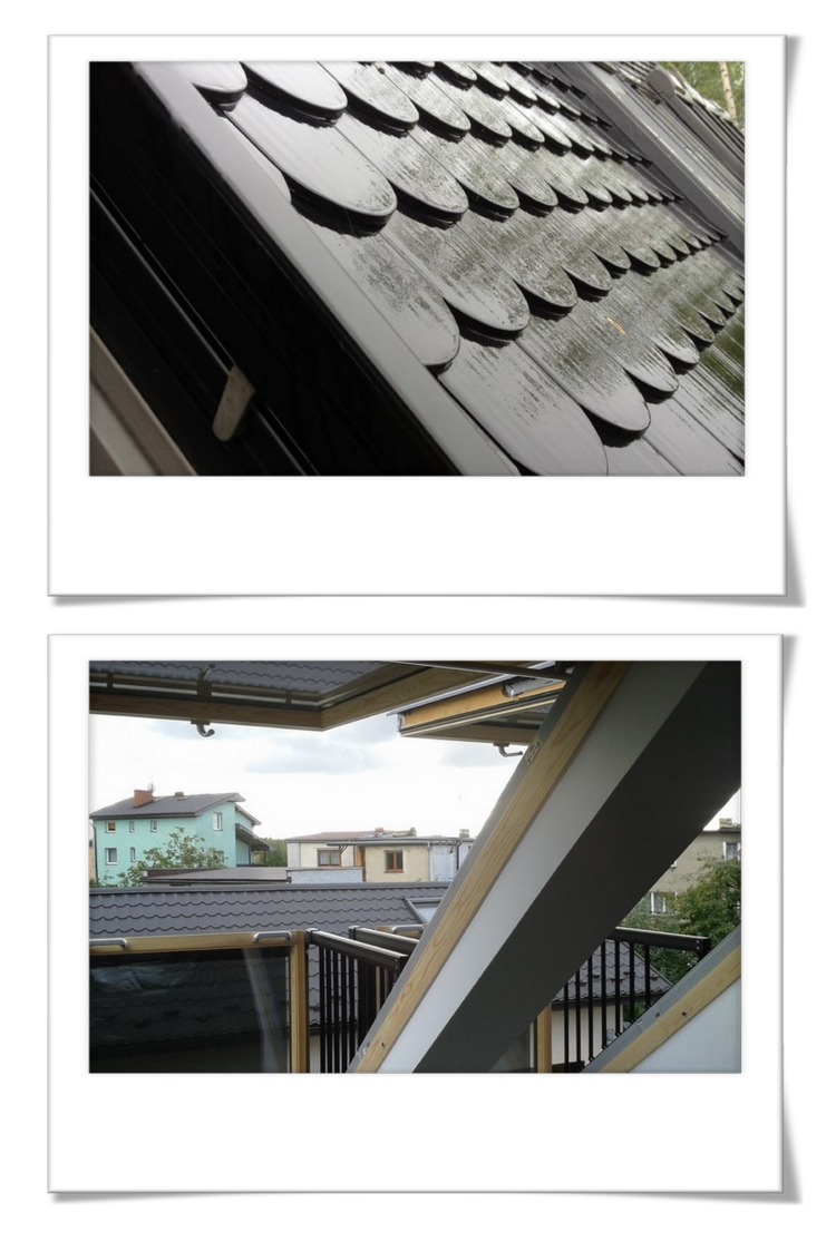 Ukończone okno dachowe z czarną dachówką bitumiczną w kształcie rybiej łuski, widok z zewnątrz i od wewnątrz, z widokiem na zabudowę jednorodzinną w tle.