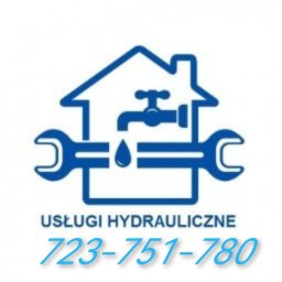 Niebieski, graficzny logotyp usług hydraulicznych: dom, kran z kroplą, klucze francuskie i numer telefonu na białym tle. Minimalistyczny design.