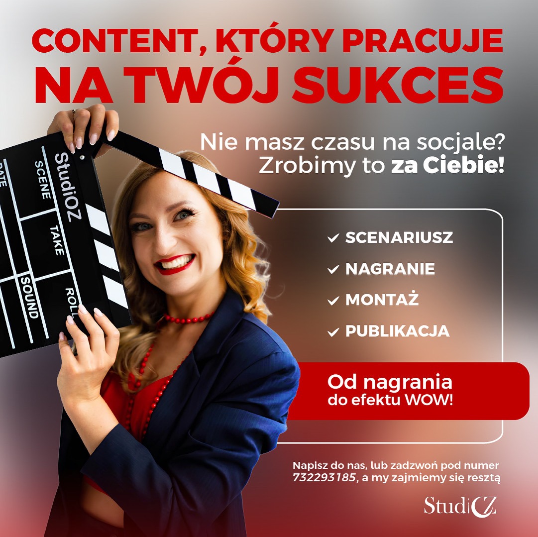 Uśmiechnięta kobieta trzyma klaps filmowy StudioZ. Oferta: scenariusz, nagranie, montaż, publikacja. Content, który pracuje na Twój sukces. Od nagrania do efektu WOW!