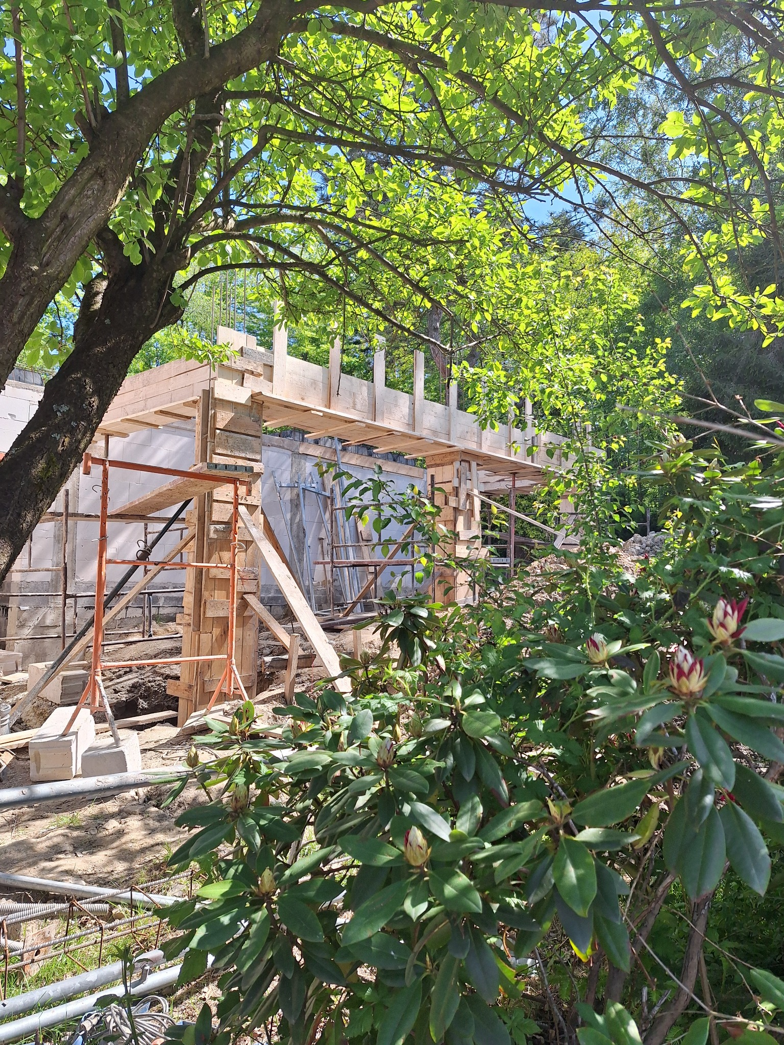 Budowa domu w otoczeniu zieleni: szalunki, rusztowania i drzewa tworzą malowniczy krajobraz placu budowy w słoneczny dzień. Widoczne bloczki i elementy konstrukcyjne.