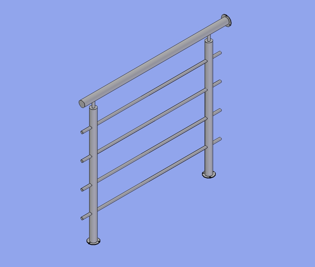 Model 3D barierki ze stali nierdzewnej z czterema poziomami poprzeczek, na jednolitym niebieskim tle.