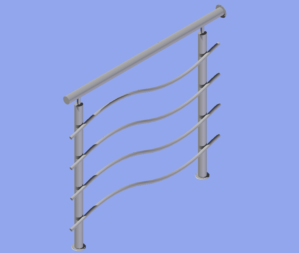 Wizualizacja 3D fragmentu balustrady ze stali nierdzewnej z czterema giętymi poprzeczkami, zamocowanej do podłoża za pomocą okrągłych podstaw.