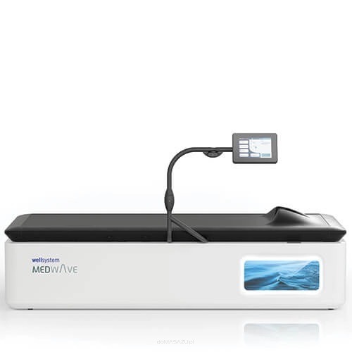 Nowoczesne łóżko do hydromasażu Wellsystem MedWave z panelem sterowania i podświetlanym motywem wodnym, na białym tle.