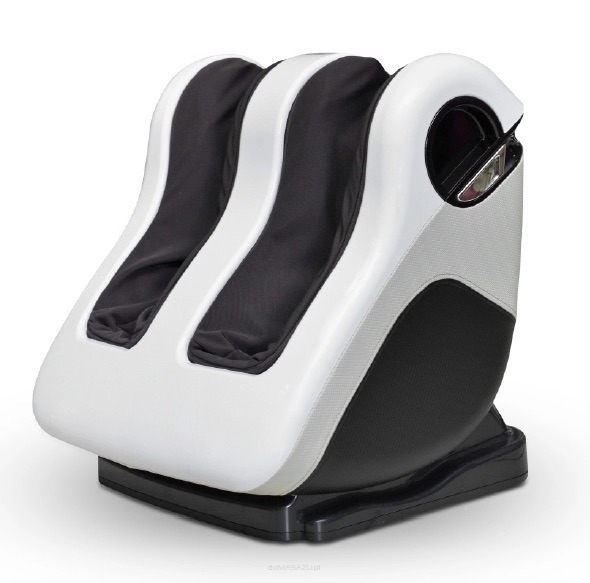 Elektryczny masażer do stóp w kolorze białym i czarnym, z trzema otworami na stopy, na białym tle. Urządzenie do relaksacji i pielęgnacji stóp.