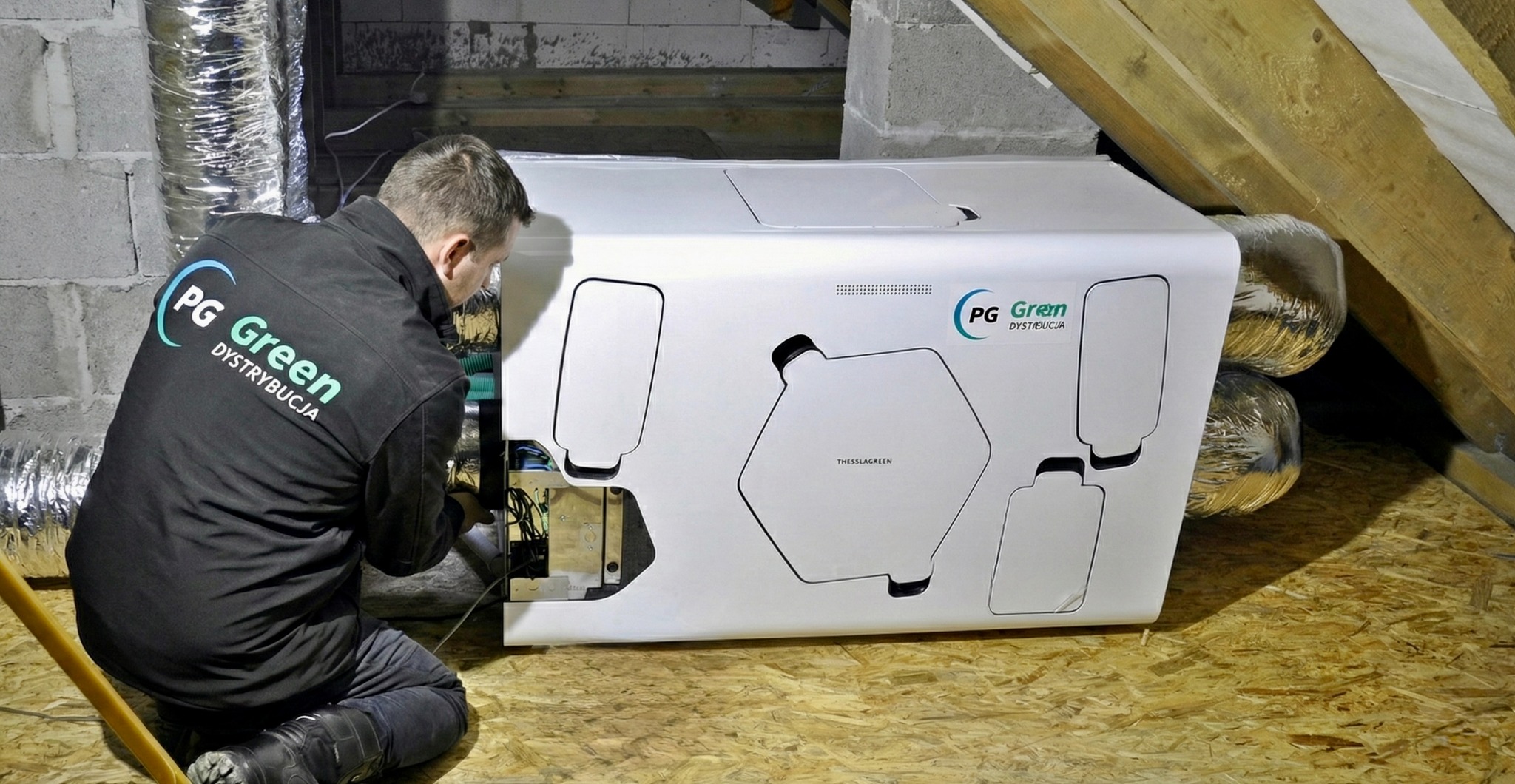 Instalator w czarnej kurtce z logo PG Green instaluje białą jednostkę rekuperacyjną Thesslagreen w pomieszczeniu z drewnianą podłogą i widocznymi elementami konstrukcyjnymi.