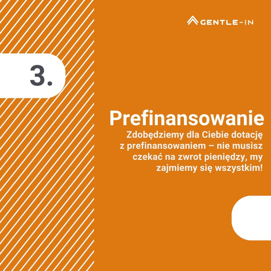 Grafika informacyjna o prefinansowaniu dotacji. Pomarańczowe tło, białe napisy, logo firmy Gentle-In i graficzny motyw z numerem 3 po lewej stronie.