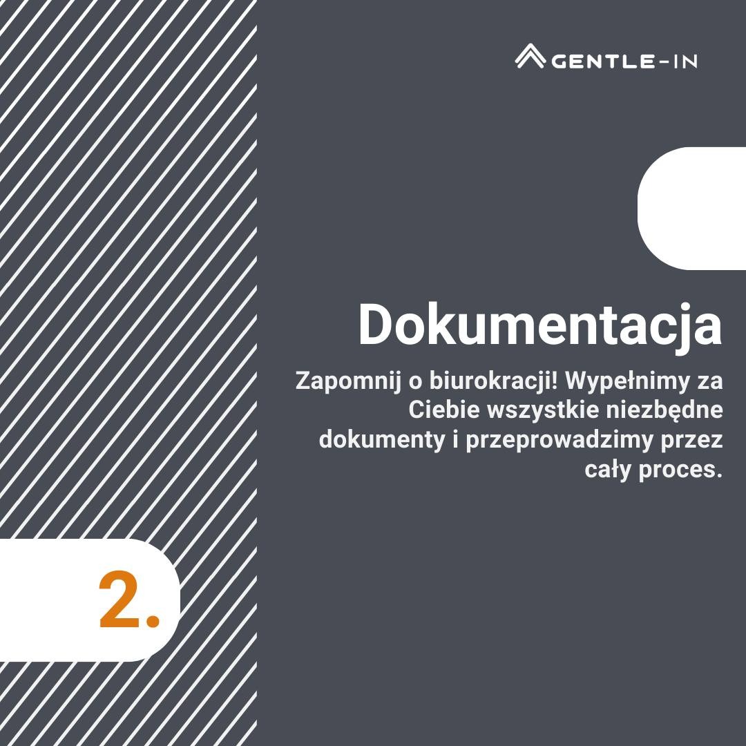 Grafika z tekstem 'Dokumentacja' i obietnicą wypełnienia niezbędnych dokumentów. W lewym dolnym rogu pomarańczowa cyfra 2. W tle ukośne białe linie.