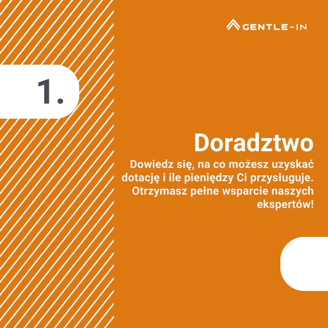 Pomarańczowa grafika z napisem 'Doradztwo', informująca o możliwości uzyskania dotacji i wsparcia ekspertów, z logo Gentle-In w prawym górnym rogu i numerem 1 z lewej.